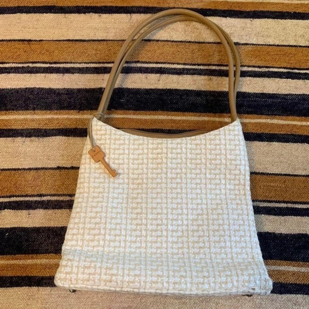 Fossil White Woven Purse Shoulder Bag Leather Tan Brown Cottage Coquette Bridal